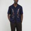 Navy Regular Fit Floral Embroidered Shirt