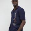 Navy Regular Fit Floral Embroidered Shirt