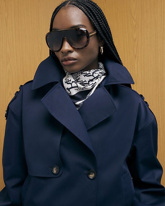 Navy Short Bubble Hem Trench Jacket