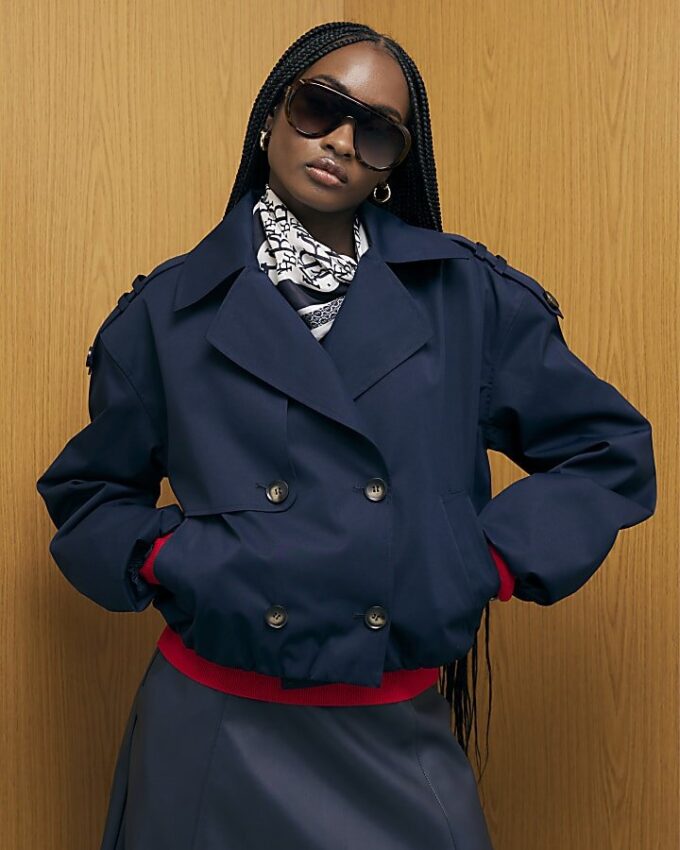 Navy Short Bubble Hem Trench Jacket