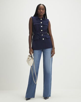 Navy Sleeveless Belted Utility Waistcoat