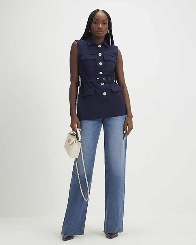 Navy Sleeveless Belted Utility Waistcoat