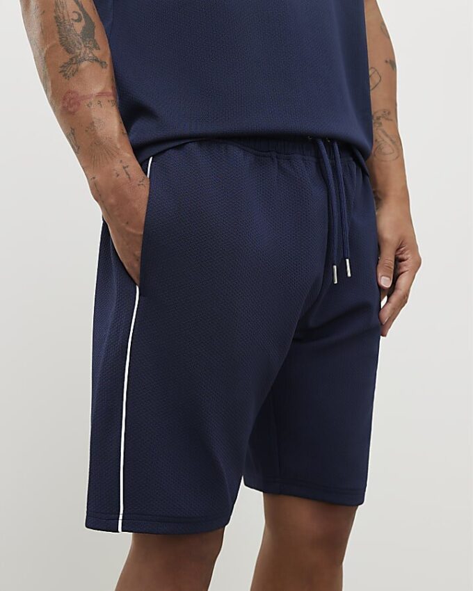 Navy Slim Fit Textured Tipped Shorts