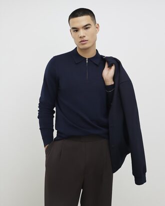 Navy Slim Fit Zip Polo Shirt