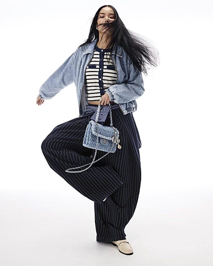 Navy Stripe Deep Pleated Wide Leg Trousers