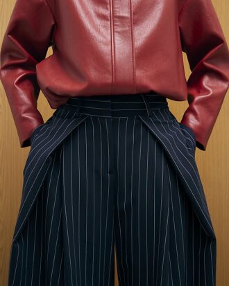 Navy Stripe Deep Pleated Wide Leg Trousers