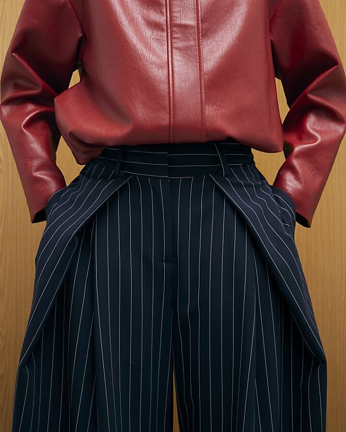 Navy Stripe Deep Pleated Wide Leg Trousers