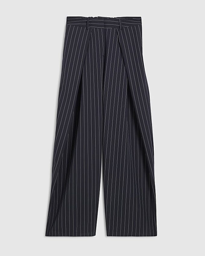 Navy Stripe Deep Pleated Wide Leg Trousers