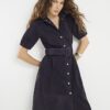 Navy Suede Belted Midi Shirt Dress