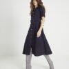 Navy Suede Belted Midi Shirt Dress