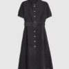 Navy Suede Belted Midi Shirt Dress