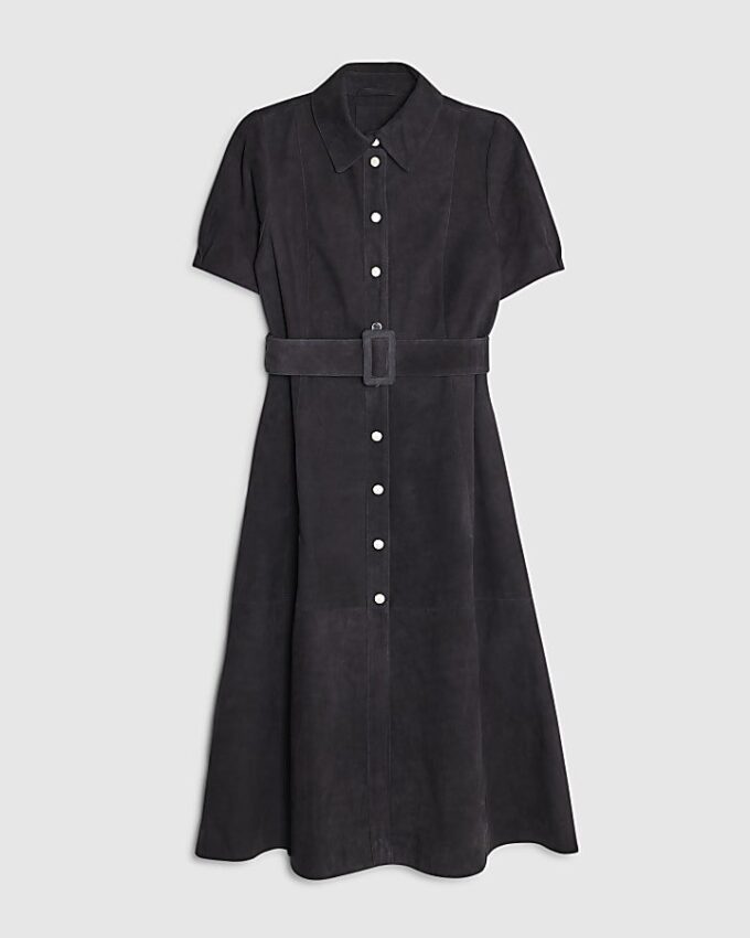 Navy Suede Belted Midi Shirt Dress