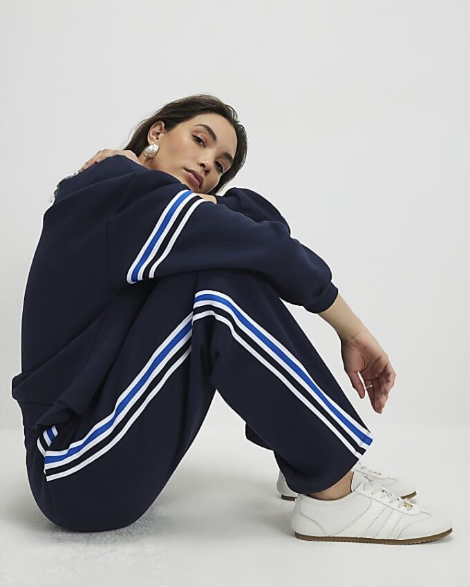 Navy Wide Leg Side Stripe Joggers