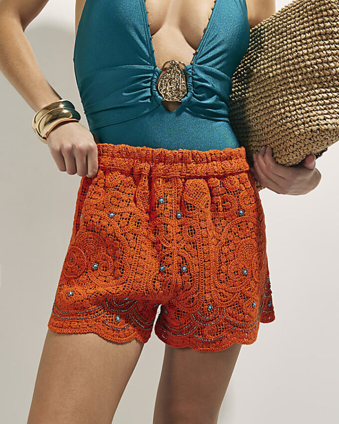 Orange Crochet Embellished Beach Shorts