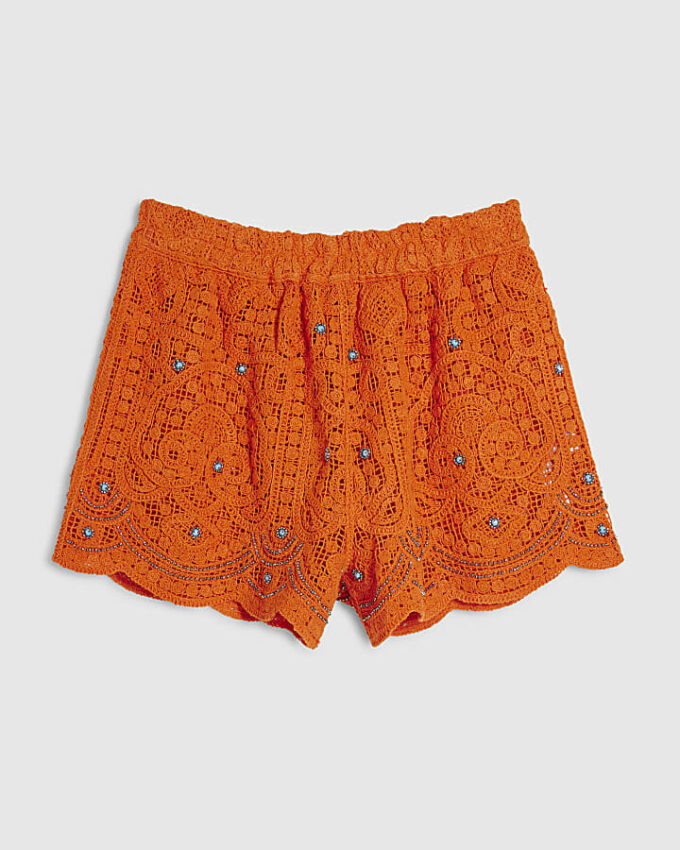 Orange Crochet Embellished Beach Shorts