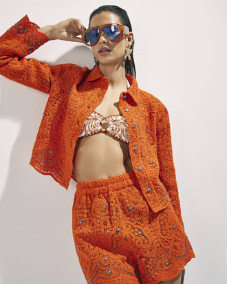 Orange Crochet Long Sleeve Embellished Shirt