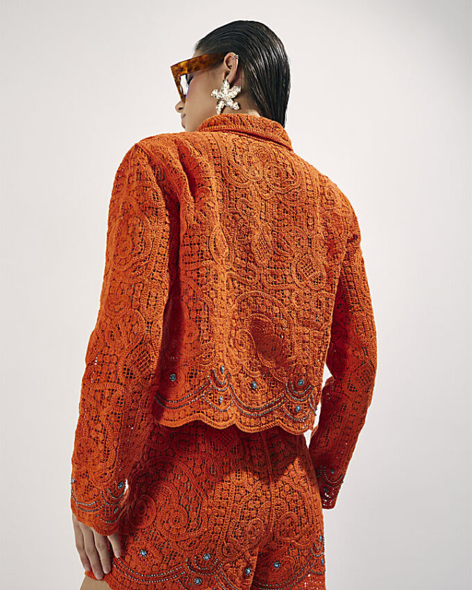 Orange Crochet Long Sleeve Embellished Shirt