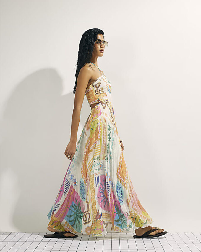 Orange Halter Neck Pleated Maxi Dress