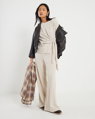Petite Beige Cosy Wide Ribbed Trousers