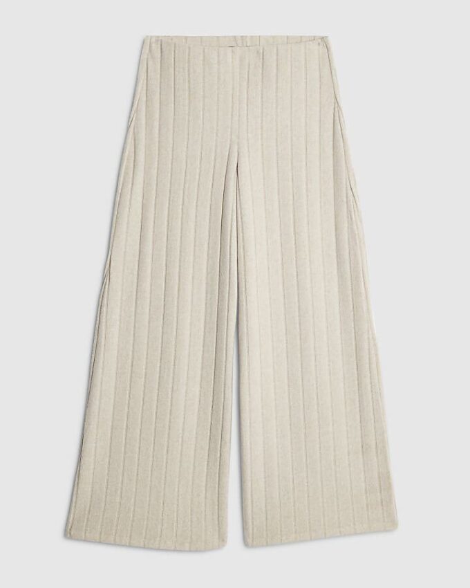 Petite Beige Cosy Wide Ribbed Trousers