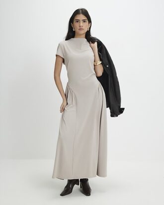 Petite Beige Fitted Waist Maxi Dress
