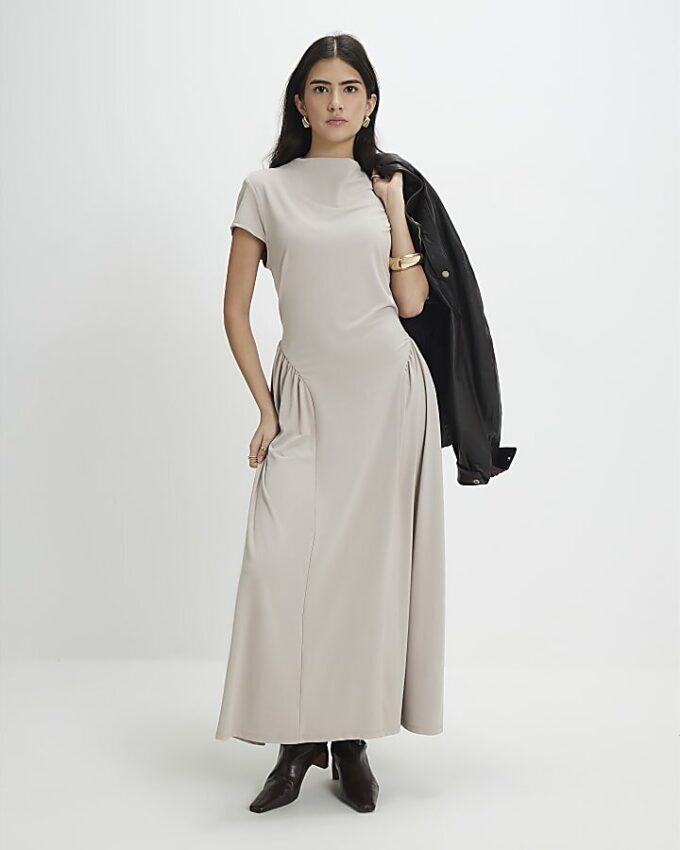 Petite Beige Fitted Waist Maxi Dress