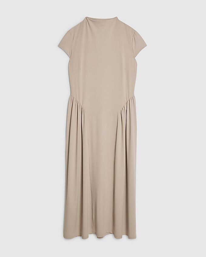 Petite Beige Fitted Waist Maxi Dress