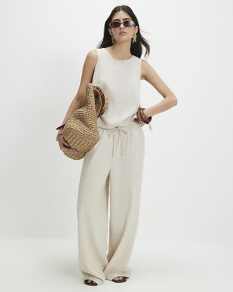 Petite Beige Linen Blend Wide Leg Trousers