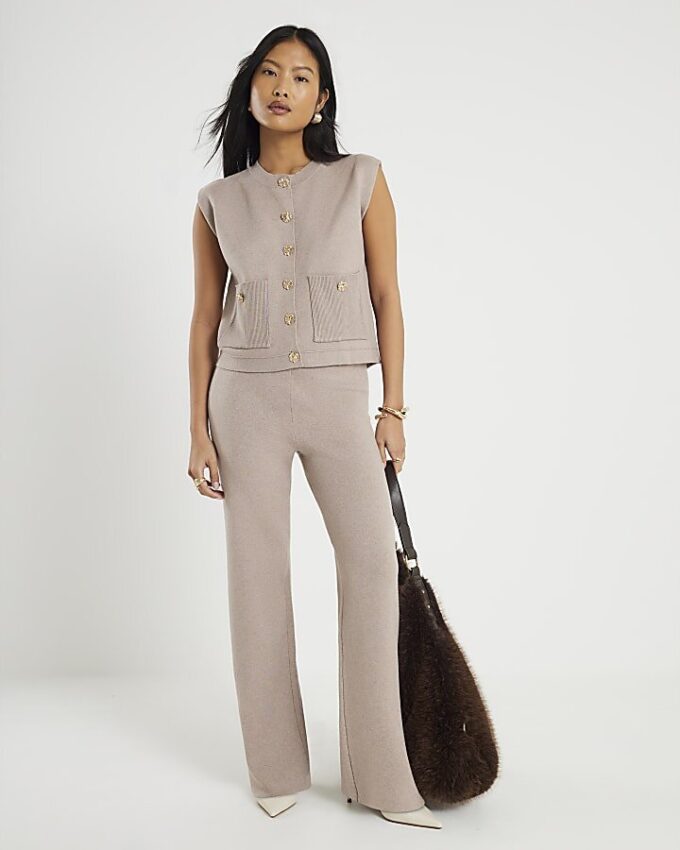 Petite Beige Wide Leg Knitted Trousers