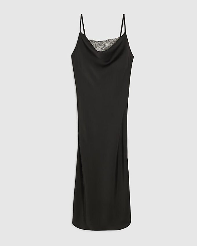 Petite Black Cowl Neck Lace Trim Midi Dress