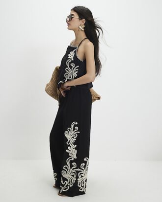 Petite Black Embroidered Wide Leg Trousers