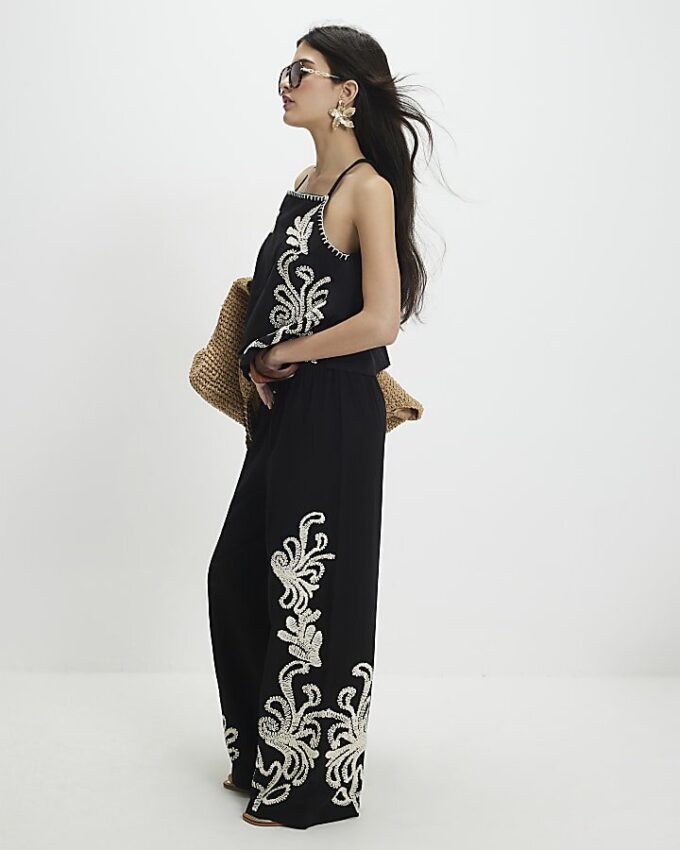 Petite Black Embroidered Wide Leg Trousers