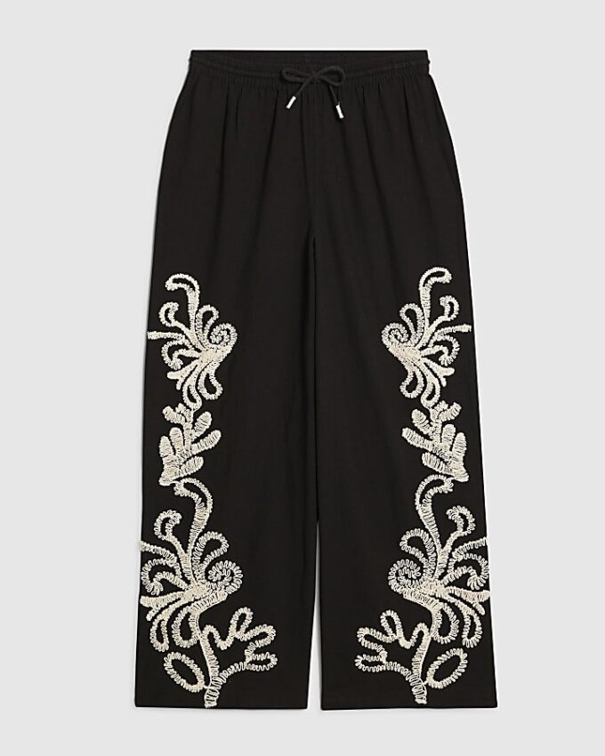 Petite Black Embroidered Wide Leg Trousers