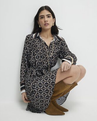 Petite Black Geometric Long Sleeve Mini Dress