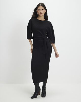 Petite Black Short Sleeve Ribbed Cosy Dress