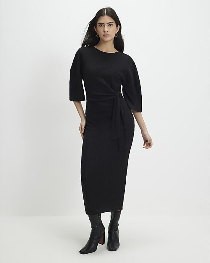 Petite Black Short Sleeve Ribbed Cosy Dress