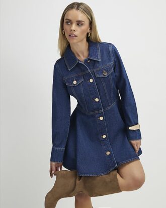 Petite Blue Denim Long Sleeve Shirt Dress