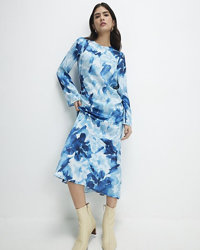 Petite Blue Floral Long Sleeve Midi Dress