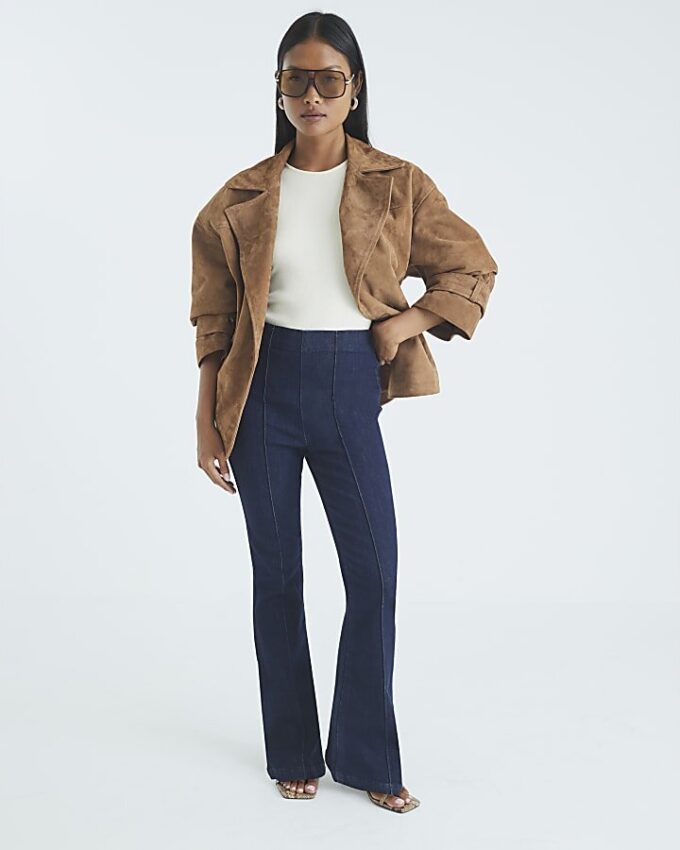 Petite Blue High Waisted Pull On Flared Jeans