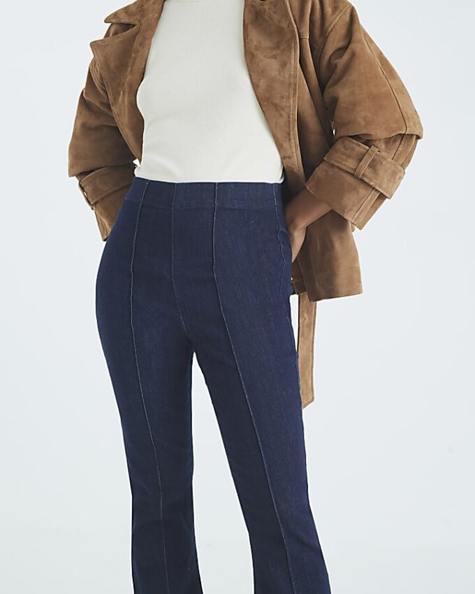Petite Blue High Waisted Pull On Flared Jeans