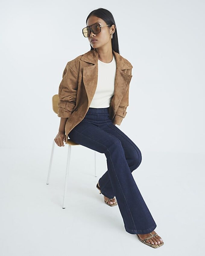 Petite Blue High Waisted Pull On Flared Jeans