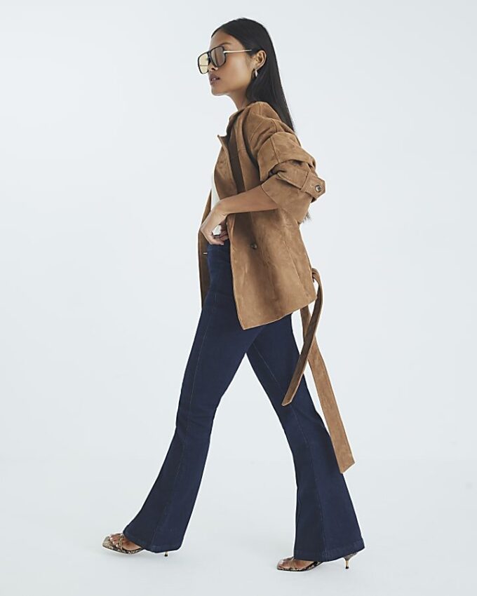 Petite Blue High Waisted Pull On Flared Jeans