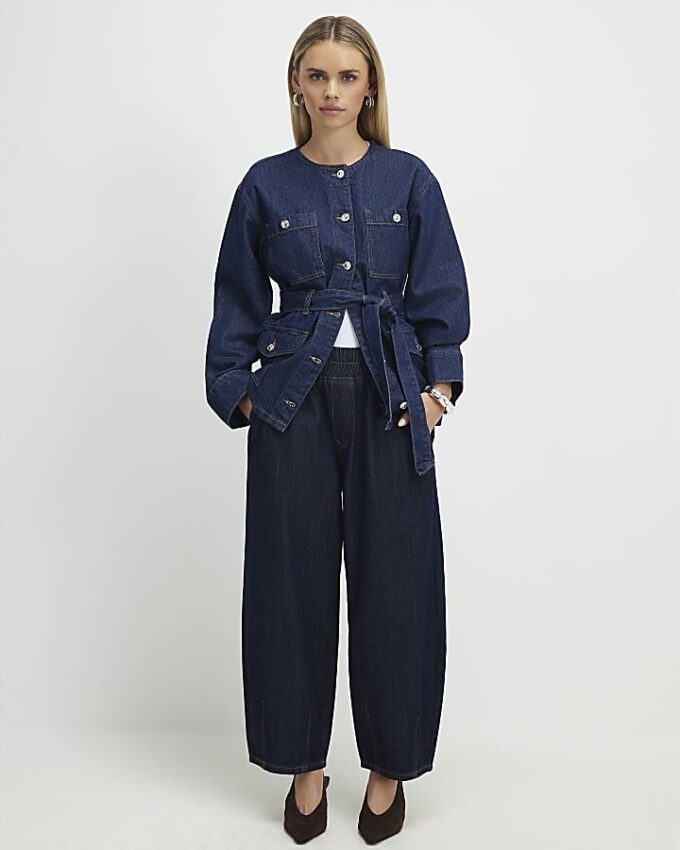 Petite Blue Pull On Barrel Jeans