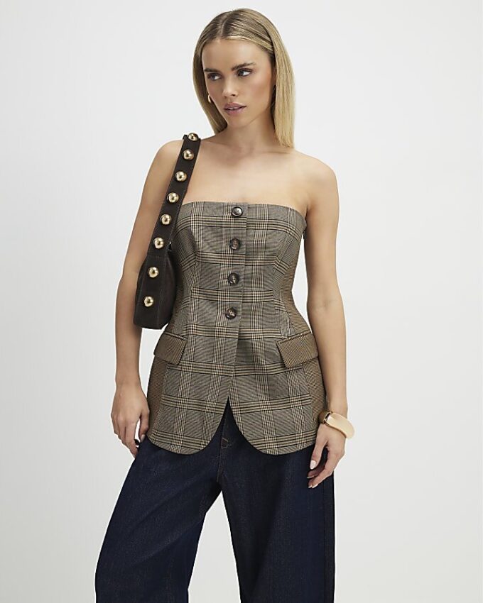 Petite Brown Check Print Bandeau Top