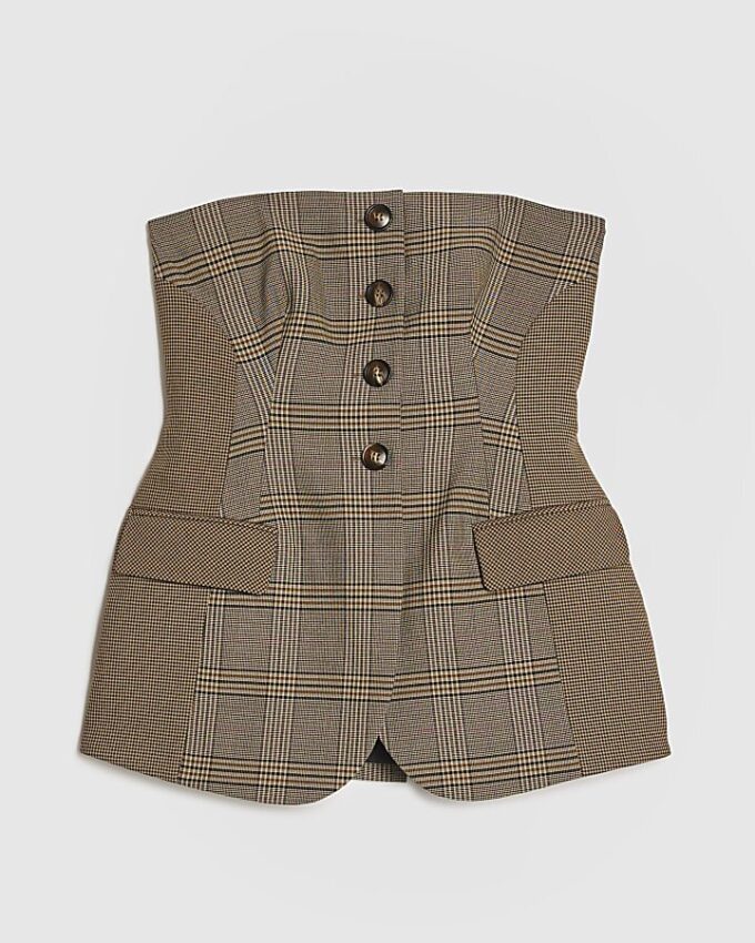 Petite Brown Check Print Bandeau Top
