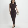 Petite Brown High Neck Ruched Midi Dress