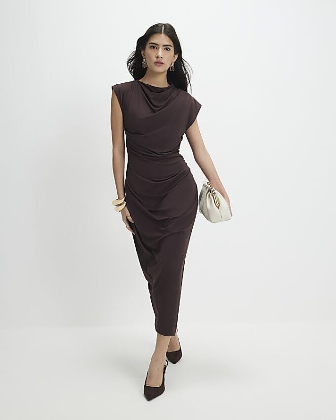 Petite Brown High Neck Ruched Midi Dress