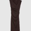 Petite Brown High Neck Ruched Midi Dress