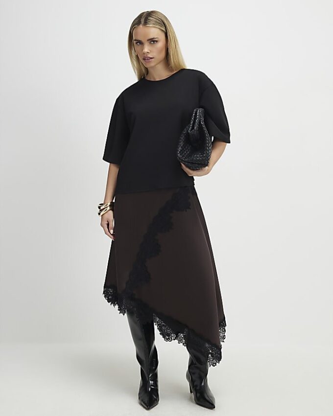 Petite Brown Lace Hybrid T-Shirt Maxi Dress
