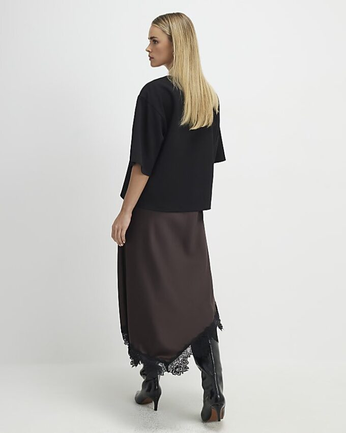 Petite Brown Lace Hybrid T-Shirt Maxi Dress